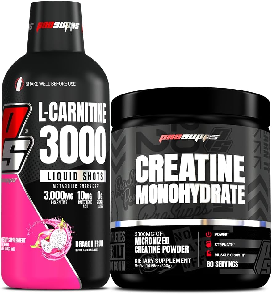 PROSUPPS L-Carnitina 3000 Stimulant Free Liquid Shots (31 porcións, froita do dragón) e Creatine 300 Monohidrato (60 porcións) Bundle