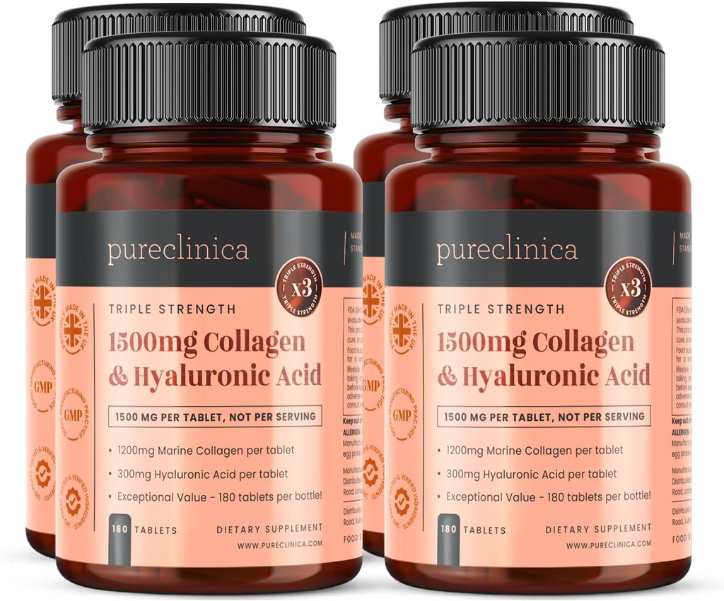 pureclinica Triple Strength Marine Collagen & Hyaluronic Acid – 1500mg per Tablet | 720 Tablets (4 Bottles of 180) | Supports Skin, Joints & Hydration
