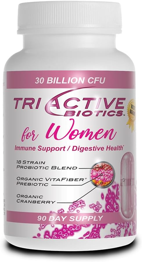 Podstawowe źródło Triactive Biotics for Women - Probiotyki dla kobiet z 18 Szczepów, Organic VitaFiber Prebiotic & Żurawiny do Gigestive Support, Immune Defense, Urynary, Zdrowie pochwy - 90 Kapsułki