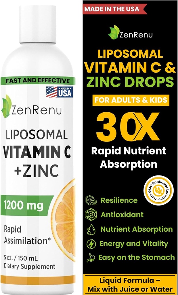 Zenrenu Liposomal Vitamin C und Zink flüssiges Getränk für Erwachsene & Kinder - Non GMO Sonnenblume Lecithin - Max Antioxidant & Immune Unterstützung, 5 oz / 150 ml