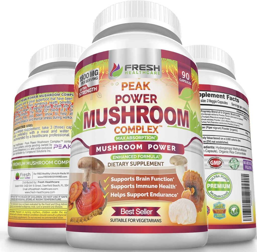 FRESH HEADTHCARE Mushroom Suplemen - Limons Mane, Cordyceps, Reishi, Turkey Tail, dan Shitake - Imune and Brain Supplemen Daya Peak - 90 Vegan Capsules