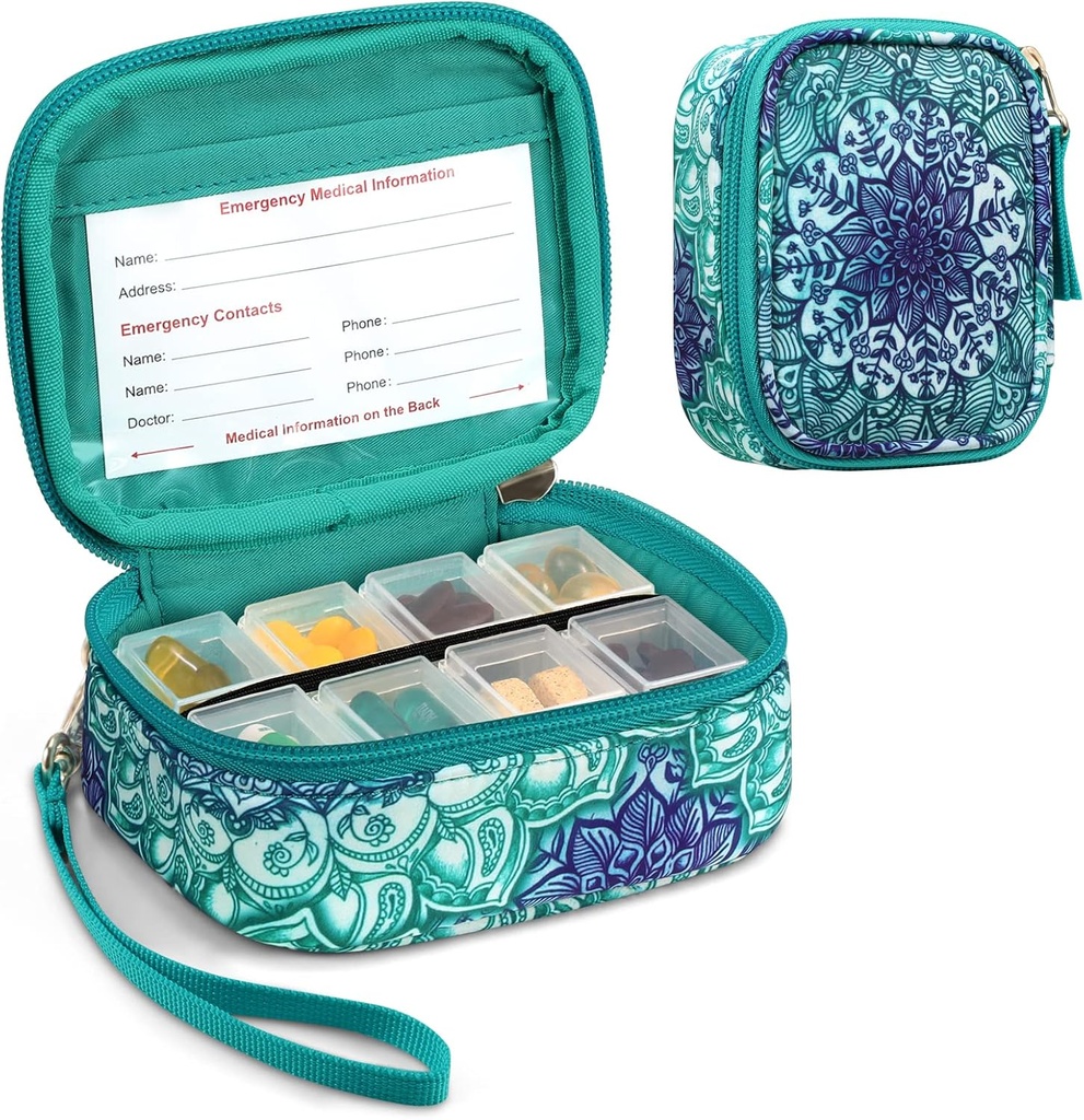 FINPAC Pill Organizatoriai, 8 Kompanijos Kelionių piliulės Savaitės 7 dienų medicina, kompaktiškas & Cute Medicina Vitaminas Dispenser ir Holders (Emerald Illuises)