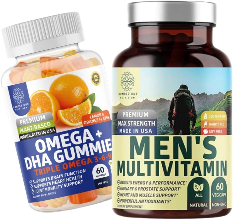 Number üks Toitumine N1N Premium Meeste igapäevane multivitamiin [vitamiinid A C E D, magneesium, tsink] ja Omega 3 6 9 + DHA Gummies [Vegan, taimepõhine], 2 Pack Bundle