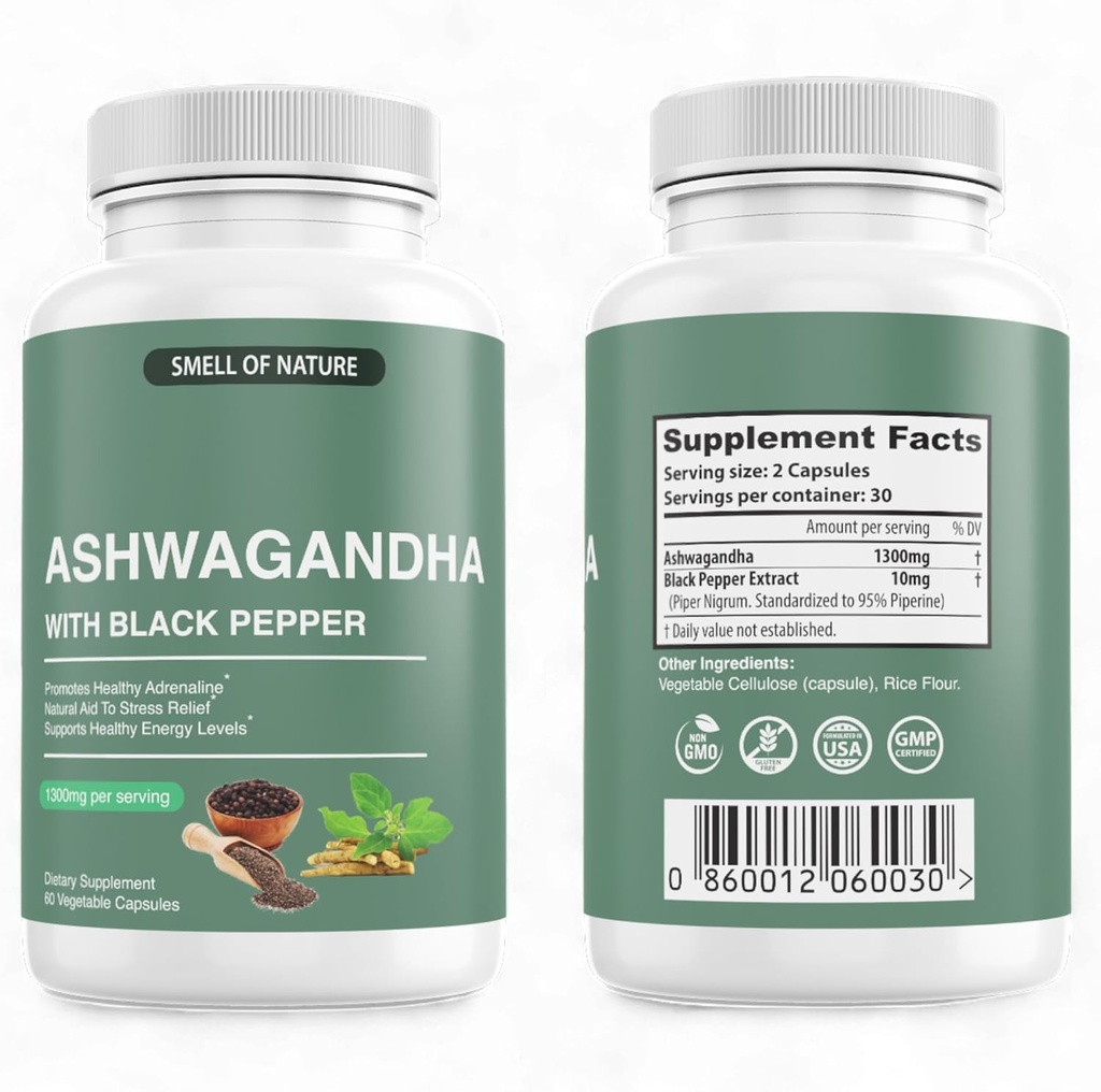 Integratori di Ashwagandha Organic della natura con estratto di pepe nero - Estratto di Ashwagandha puro 1300mg - Supporto energetico - Non OGM, Senza glutine, Vegan - 60 capsule