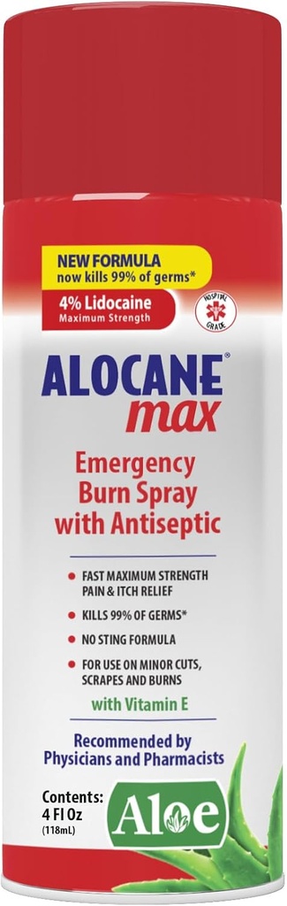 ALOCANE Arsuri de urgenţă Spray, 4% Lidocaină Rezistenţă maximă Durere rapidă Mâncărime Relief pentru arsuri minore, arsuri solare, bucătărie de prim ajutor tratament Burn Care, 4 Fl Oz