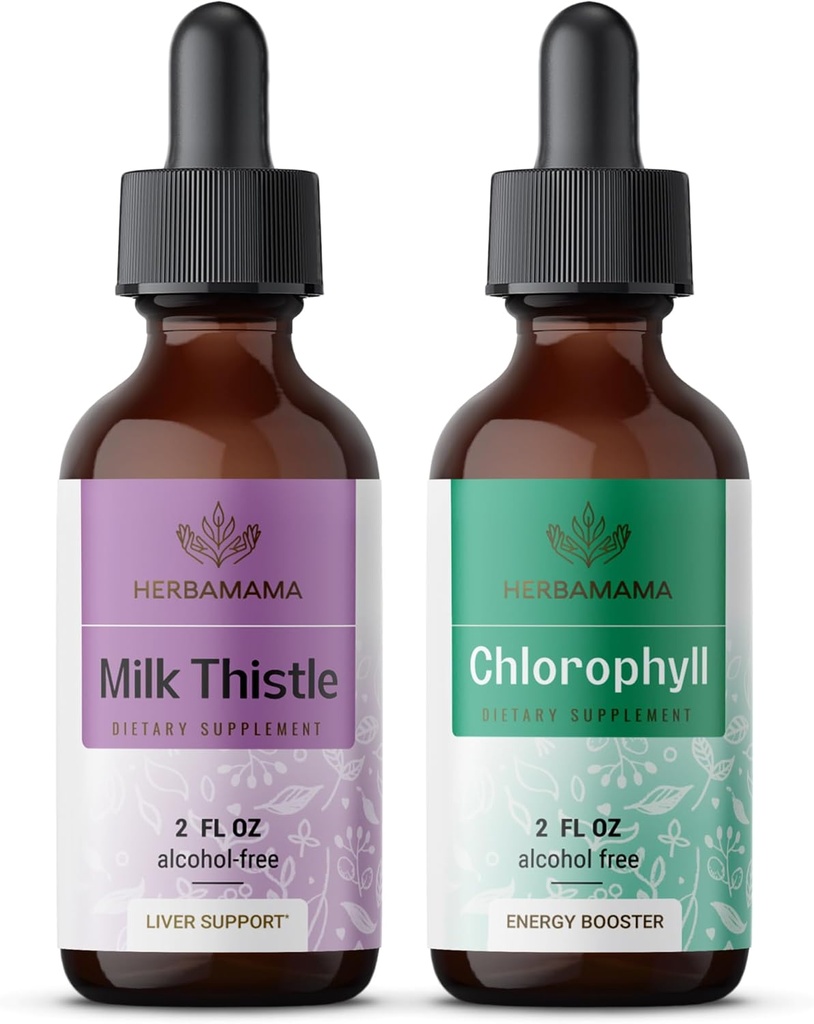 Herbamama Kit de gotas líquidas de ervas - pacote de extrato de cardo de leite 2 fl oz e clorofila líquida 2 fl oz - Vegan Suplemento Extrato Líquido - Não OGM, Açúcar & Álcool - 2 Pack