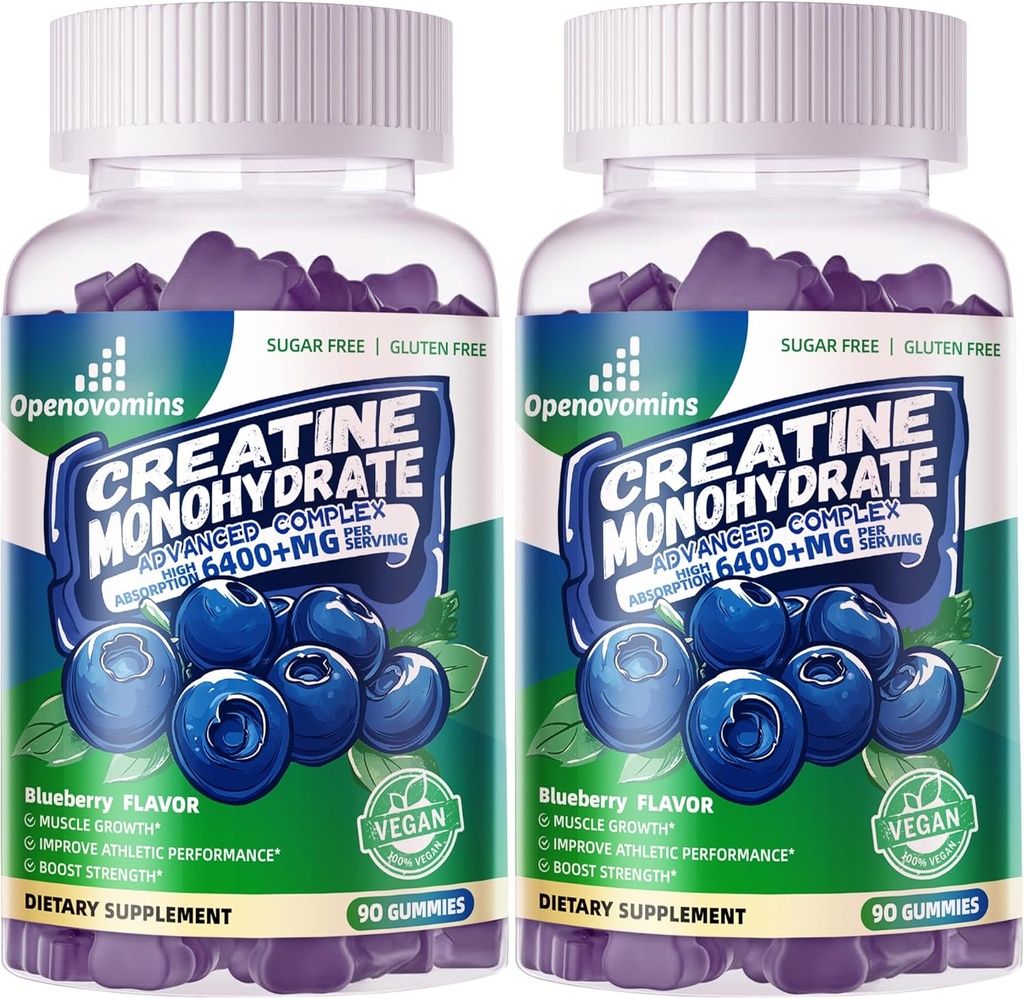 Creatine Monohydrate Gummies Complex für Männer und Frauen - Fortgeschrittene Formel W/L-Taurine + Vitamin B12, Sugar Free Chewable Supplement,180 Blueberry Gummies 2pack
