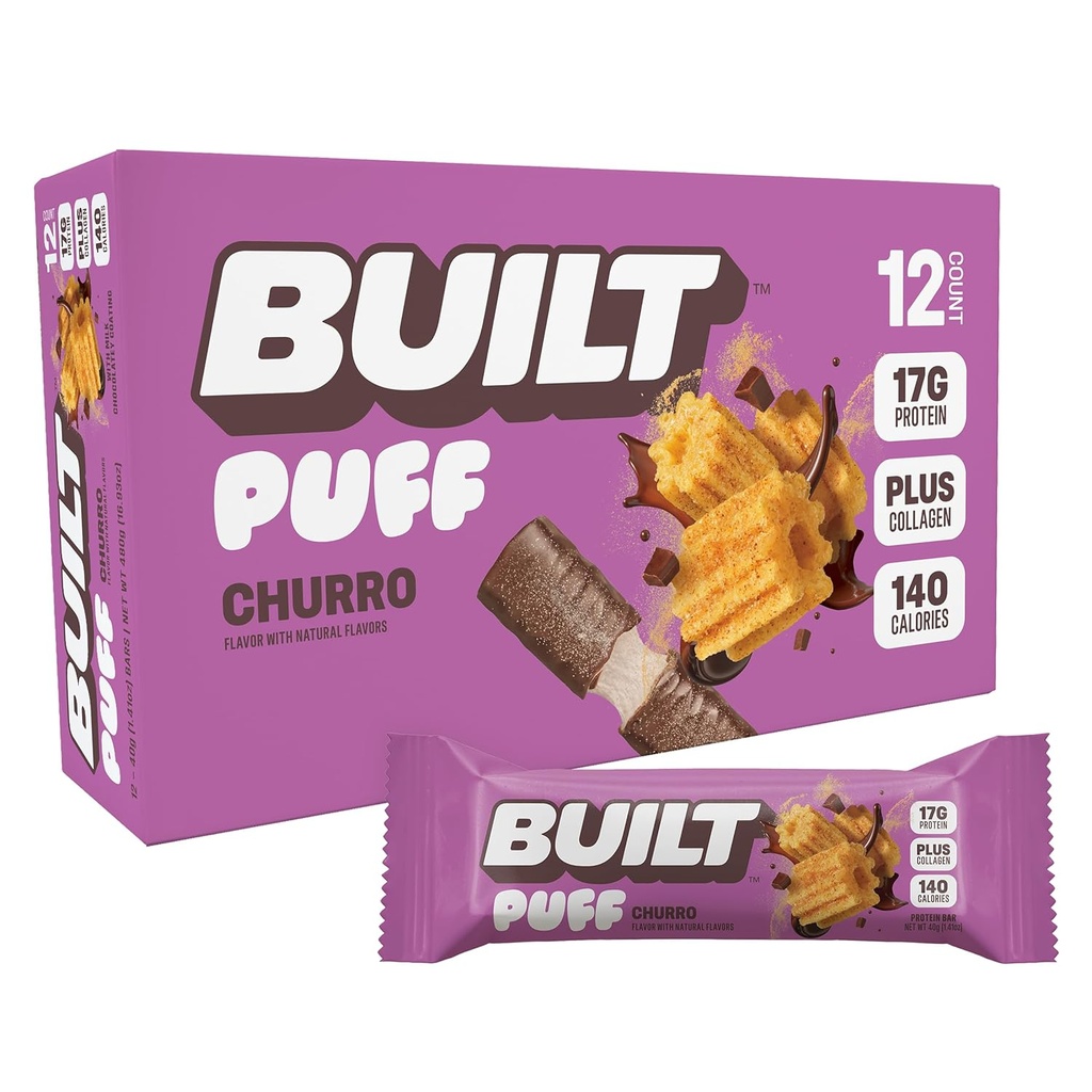 Built Bar, Puff Protein Bars, Churro Puff, 17g Olbaltumvielas Uzkodas, On-The-Go Bars, Tikai 140 Kalorijas & 6g Cukura, Kolagēns, Bez lipekļa, 12 Skaits