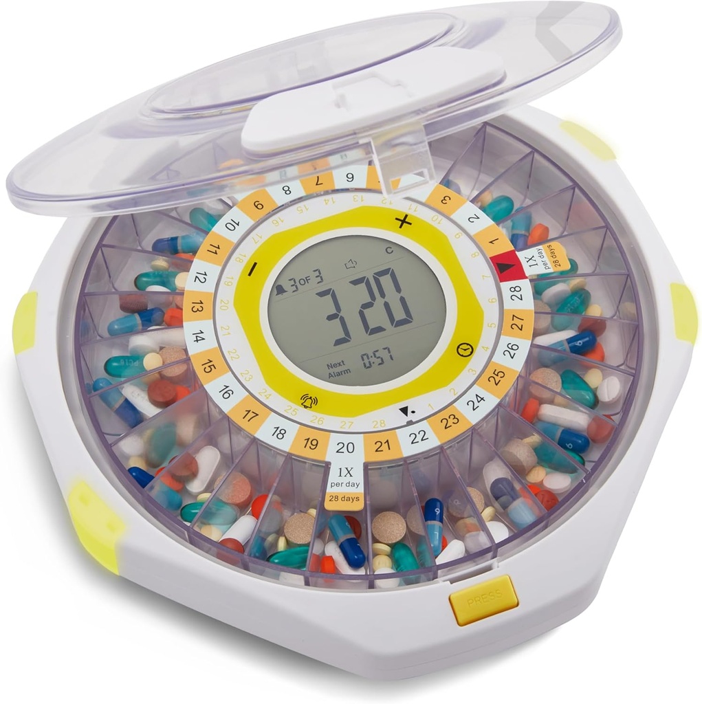 LiveFine Bluetooth Automatic Pill Dispenser, 28- Dienos Talpa, Garso & Light Alerts, Key Lock, LCD & Easy Setup on The LiveFine App for Prepences, Medikamentai, Vitaminai ir papildai - Clear Lid