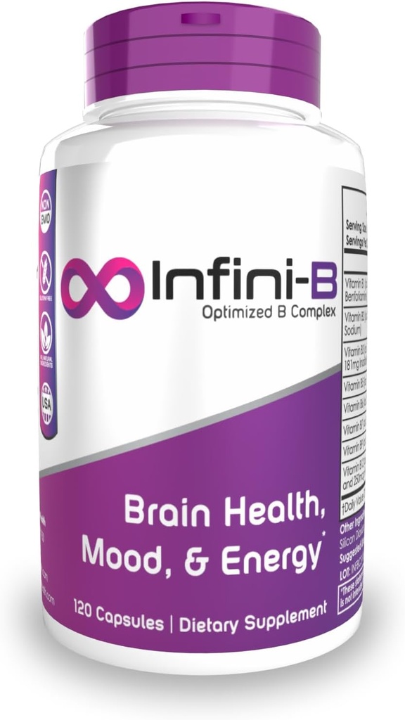 Nootropics Depot Infini-B Advanced B-Complex | Optimal Absorption & Bio-Availability | Euskarri kognitibo eta Metabolikoa hobetua | 120 kapsula