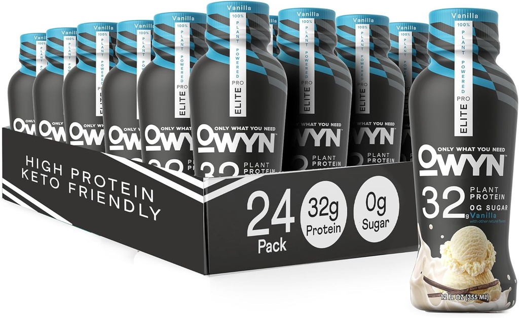 OWYN Len to, čo potrebujete Pro Elite Vegan High Protein Keto Shake, 32g Protein, 9 Amino Acids, Omega-3, Prebiotiká, Cvičenie a zotavenie, 0g Net Carbs, Zero Sugar (Vanilla, 12 Fl Oz (Pack of 24)