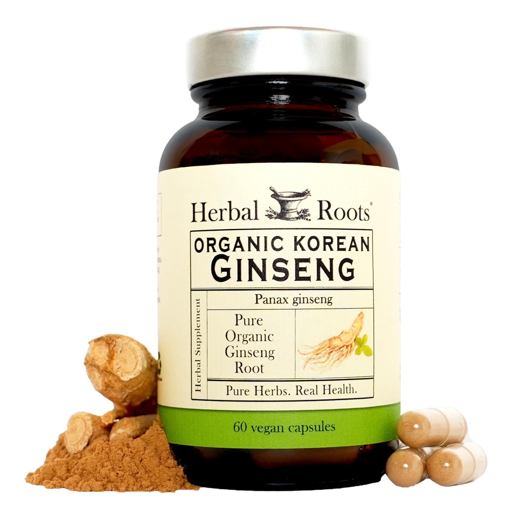 Herbal Roots Panax Ginseng | Organic Korean Ginseng Root Powder | 1000mg | High Ginsenosides for Energy & Performance | 60 Vegan Capsules
