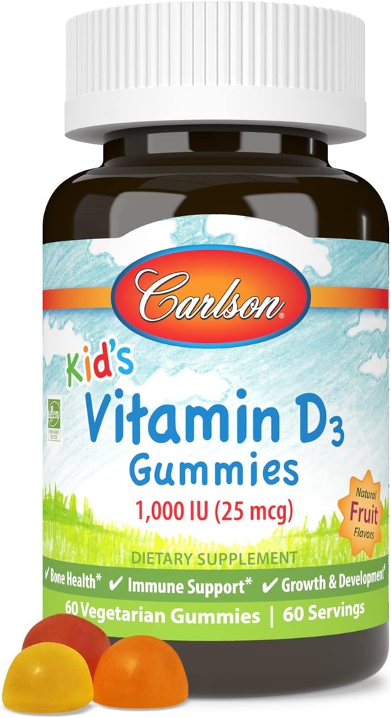 Carlson - Uşaq Vitamin D3 Gummies, 1000 IU (25 mcg), Bone Health & Immune Support, Growth & İnkişaf, Vitamin D Gummies, D3 Gummy Vitaminlər, Natural Fruit Flavors, 60 Vegetarian Gummies