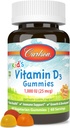 Carlson - Vitamina D3 Gummies de Kid, 1000 IU (25 mcg), saúde ósea e apoio inmune, crecemento e desenvolvemento, vitamina D Gummies, D3 Gummy Vitaminas, Flavors de froitas naturais, 60 Gummies vexetarianos