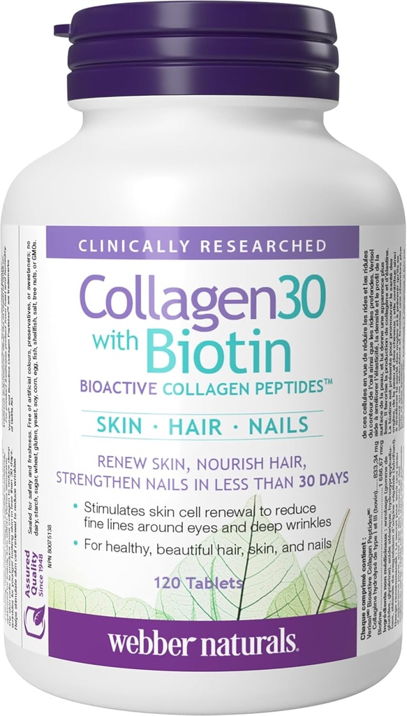 Webber Naturals Collagen30 Biotin-ekin, 2.500 mg Collagen Peptides Biotin Per Service-ko 5.000 mcg-rekin, 120 Tablet, Azal, Ile eta Nails-eko Nourishment aurreraturako, Dairy & Gluten Free