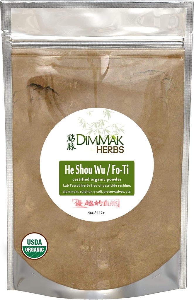 Dimmak Herbs hữu cơ Fo Ti Root Raw Herb Powder - Cure/ Sured USDA Pru Wu (Plygonum Multifloritum Preperata) Thêm vào nước hoặc làm mịn 1z/11g Bag