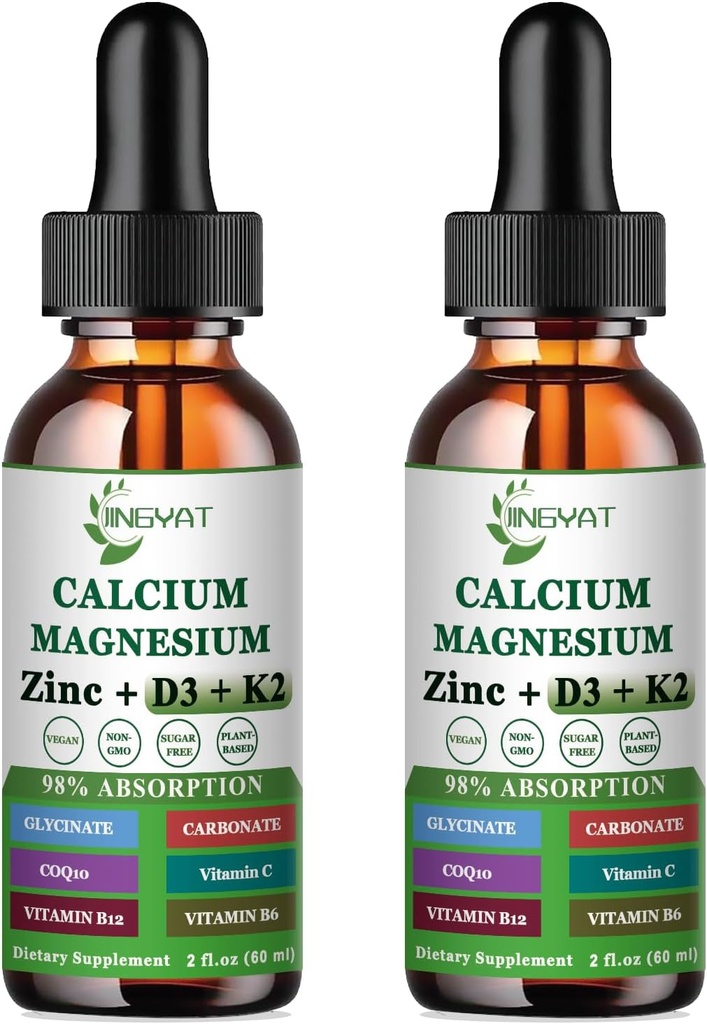 Calci Magnesium Zincliquid llança, Lliquià Magnesi Glici 500mci 1000mmg amb Vitamina D3, K2, B6,Coq10, 6X Forter que Gesches Capules (2 paquet)