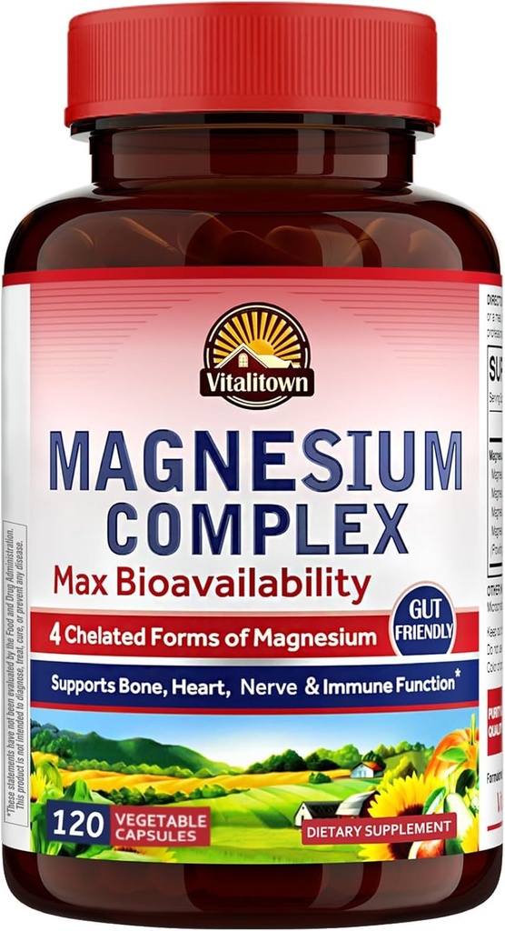 Vitalitown Magnesium Complex Supplement 500mg - NSF Certified Magnesium Glycinate, Malate, Taurate eta Citrate - Chelated High Absorption & Gentle on Stomach - Vegan Non-GMO 120 kapsulak