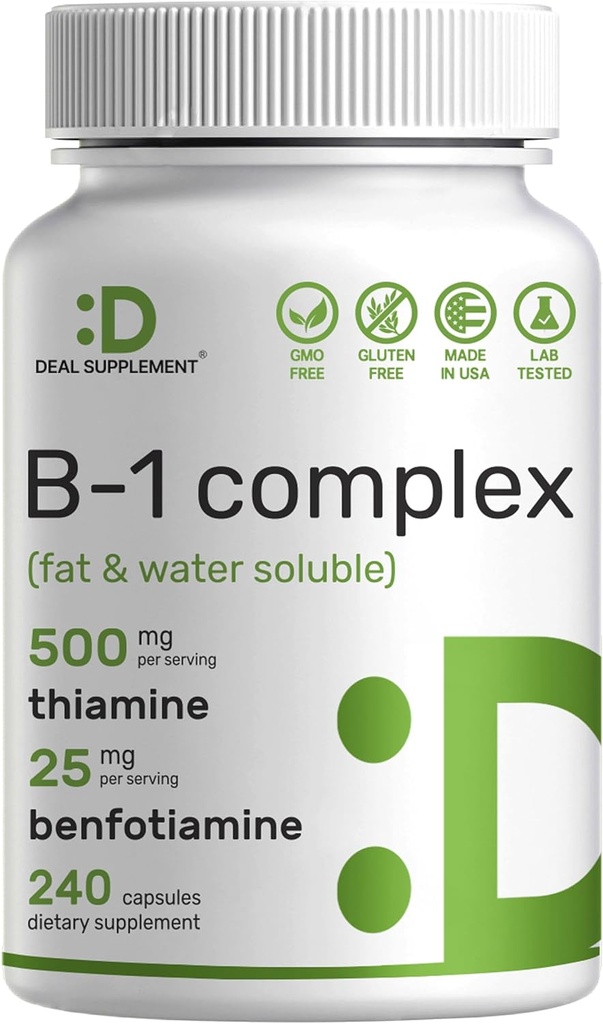 交易供应 维生素B1 500mg 与 Benfotiamin, 240 Capsules – 2 in 1 增强公式 – Fat & Water Soluble Thiamine B1 补充 – 第三方测试, Non-GMO, No Gluten
