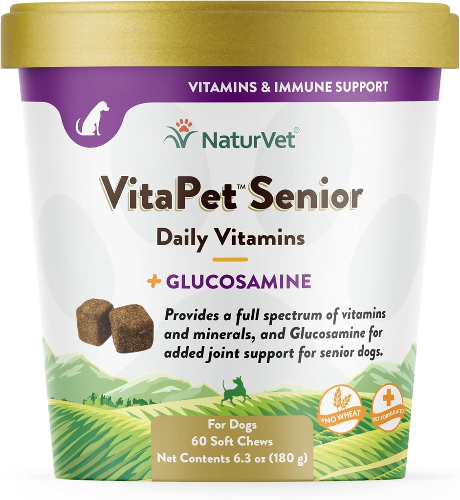 NaturVet VitaPet Senior Daily Vitamins Plus Glukosamin för hundar, 60 ct Soft Chews, tillverkad i USA med globalt källa ingredienser