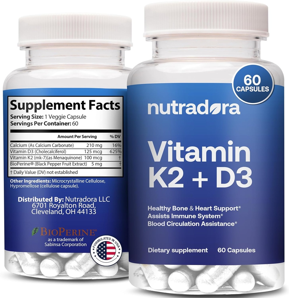 Cápsulas de vitamina D3 K2 para homens e mulheres - K2 D3 Suplemento de vitamina para suporte cardíaco e ósseo saudável, sistema imunológico e assistência à circulação sanguínea, Formulado nos EUA, 60 Cápsulas Veggie