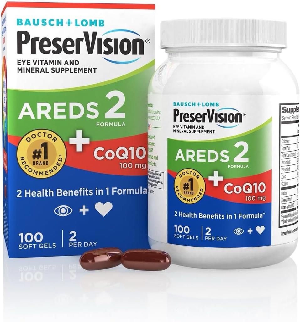 PreserVision AreDS 2 ויטמין עיניים עם CoQ10 לבריאות הלב, #1 רופא עיניים מומלץ ברנד, Lutein ו- Zeaxanthin תוספת עם ויטמין C & E, Zinc, ו-Copper, 100 Softgels