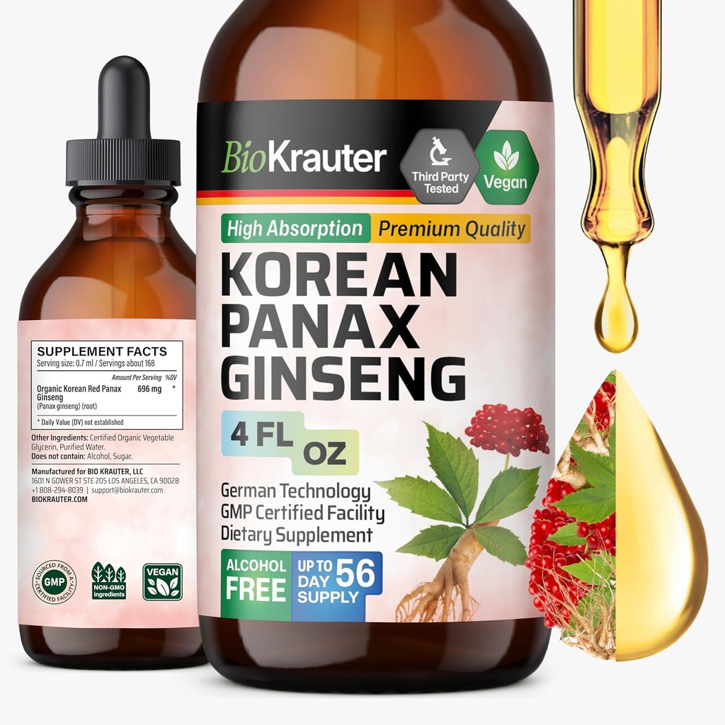 BIO KRAUTER Koreya Red Ginseng çıxış maye - Alkol və Sugar Free Panax Ginseng - Vegan Immune Support Supplement - 4 Fl. Oz.