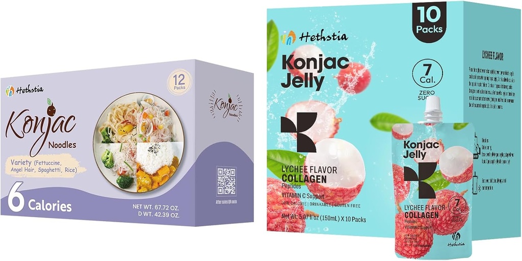 Hethstia Konjac Jelly Lychee Flavor Collagen Peptides 10 Pack eta Konjac Noodles Variety Gluten Free 12 Packs Low Calorie, Keto, Sugar Free, Osasuntsu Food