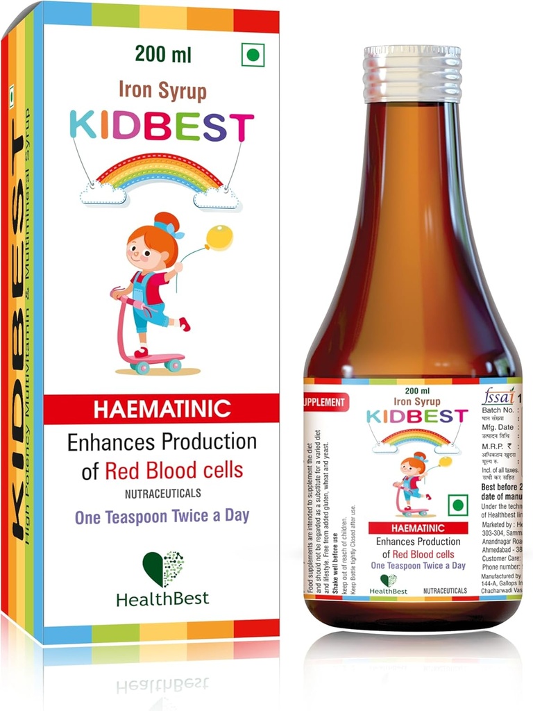 HealthBest Liquid Iron Syrup for Kids – Ação tripla com Ácido Fólico e Zinco – Aumenta Hemoglobina, Apetite e Imunidade – Sem gosto metálico – 200ml Suplemento líquido, seguro e eficaz