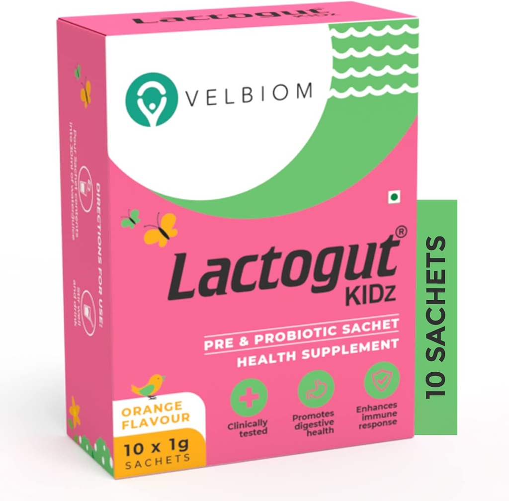 Lactogut Kidz Probiotyka Proszek dla dzieci Łatwe do spożycia Probiotyki dla dzieci Gut Zdrowie, Ogólny Wellness i Immunitet Wegan Klinicznie Proven - 1Gx10 Sachets (aromat pomarańczowy)