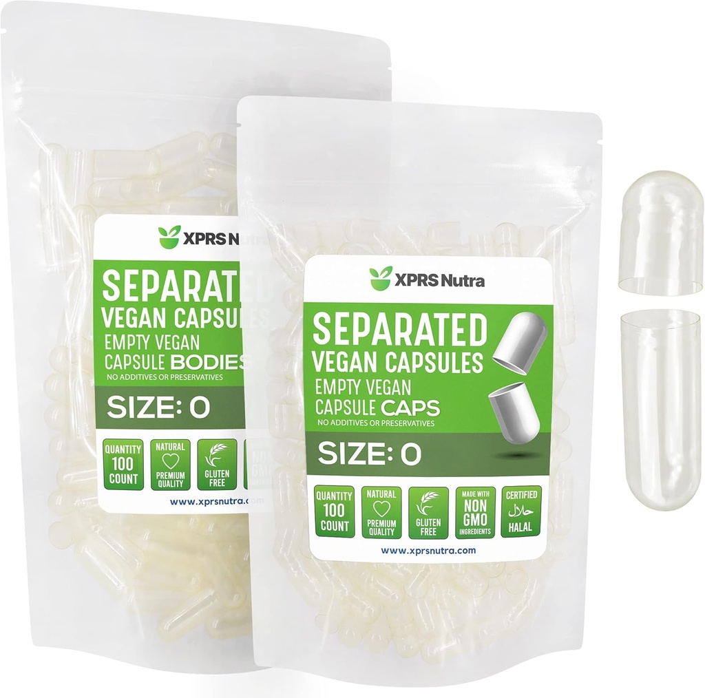 XPRS Nutra Vegan izmērs 0 Atdalītas kapsulas - 100 Skaitīt Skaidras Premium tukšas kapsulas, kas atdalītas somās - Tabletes DIY papildināšanai