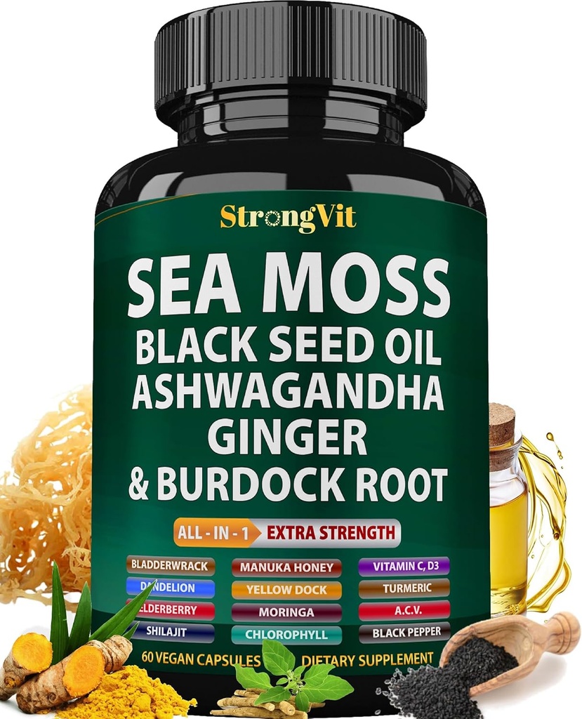 Sea Moss Black Seed Oil Ashwagandha Ginger, Organic Sea Moss kapsule z Burdock Root, irski Seamoss tablete z Bladderwrack, Advanced Multimineral dodatek, ZDA