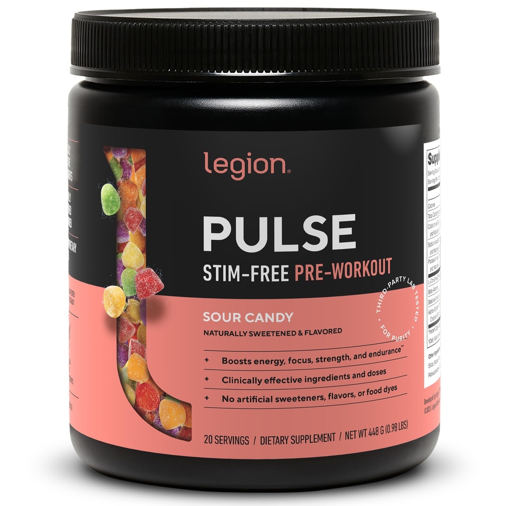 LEGION Pulse Pre Workout Supplement - All Natural Nitric Oxide Preworkout Drink to Boost Energy, Creatine Free, Naturally Sweetened, Beta Alanine, Citrulline, Alpha GPC (Caffeine Free Sour Candy)
