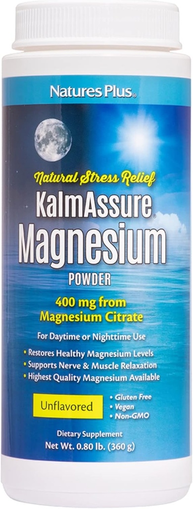 NaturesPlus KalmAssure magnesio po - 0,8 lb - Unflavored - soporta nervios e relaxación muscular - Non-GMO, Gluten Free, Vegan - 60 servizos