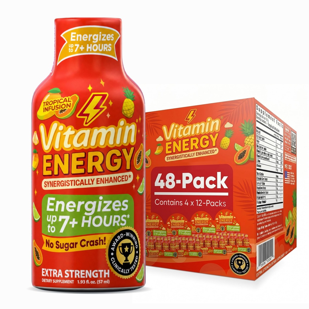Vitamin Energy Tropical Infusion Extra Strength Energy Shot, 48 Pack - Up to 7 Hrs, 260mg Natural Caffeine, Zero Sugar - BCAAs + CoQ10, Focus Support, B12 B6 Niacin, 1.93 fl oz, Keto Vegan