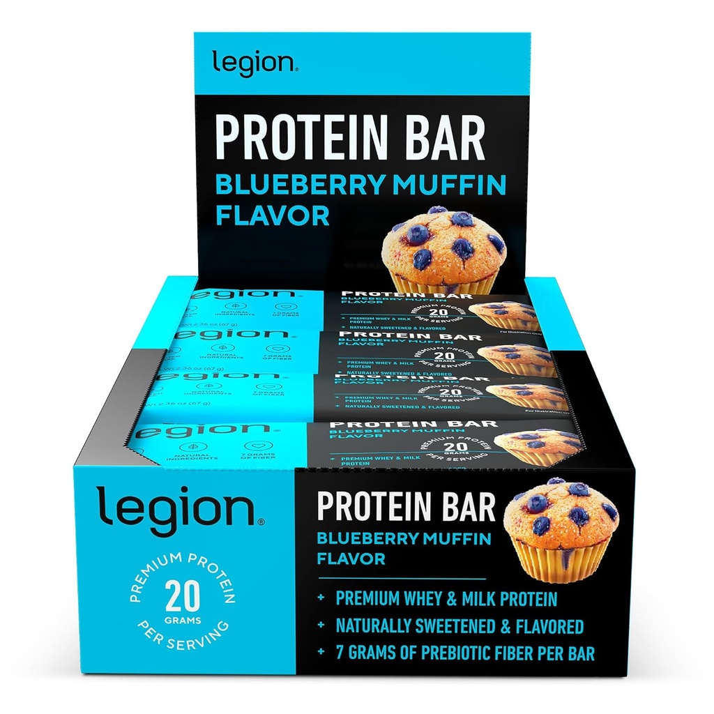 Legion Protein Bar Blueberry Muffin - 100% Whey Protein, Soy Free Protein Bars com fibra prebiótica - Low Fat Healthy Protein Bar - Gluten Free, naturalmente aromatizado, Low Sugar Protein Bars (12 Count)