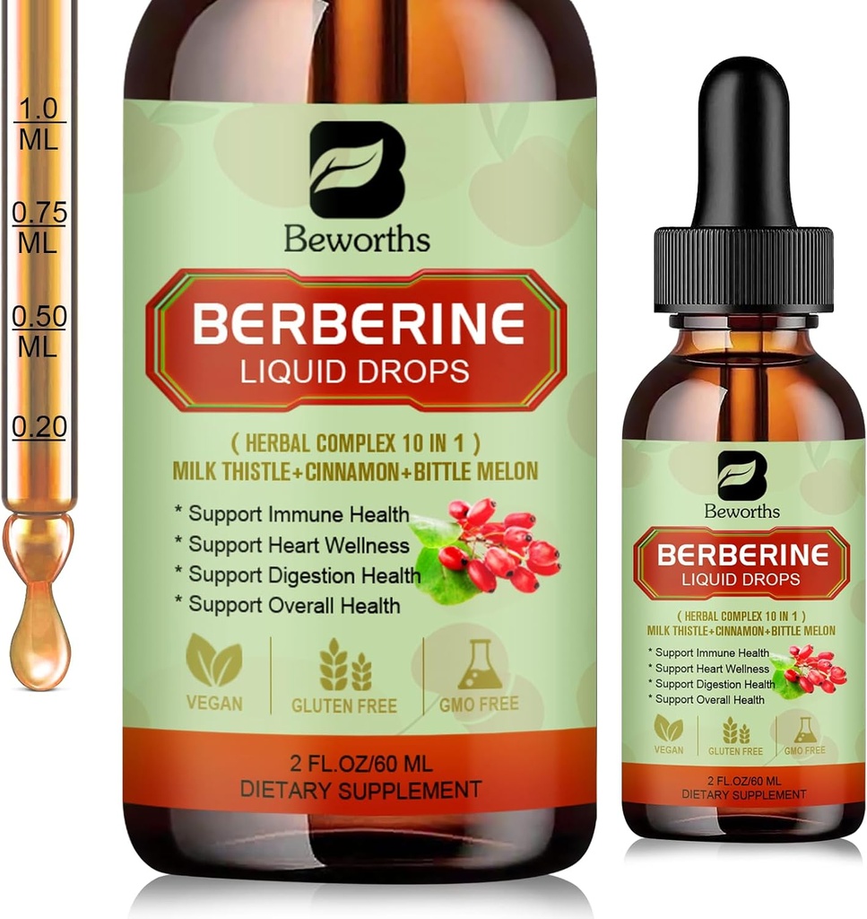 Berberine HCL Addition with Ceylon Cinnamone - Liposomal Berberine Phytosome Liquid Drops with Turmeric, Ceylon Cannel, Bitter Melon, Milk Thitle, AMPK Activator for Digestion Support