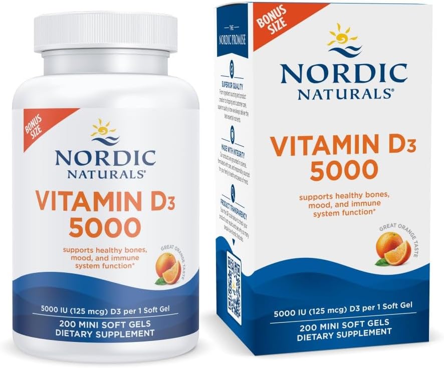 Nordic Naturals D3-vitamin 5000, Orange - 200 Mini Soft Gels - Support for Healthy Bones, Mood, & Immunrendszer - Vegetáriánus - Non-GMO - 200 Servings