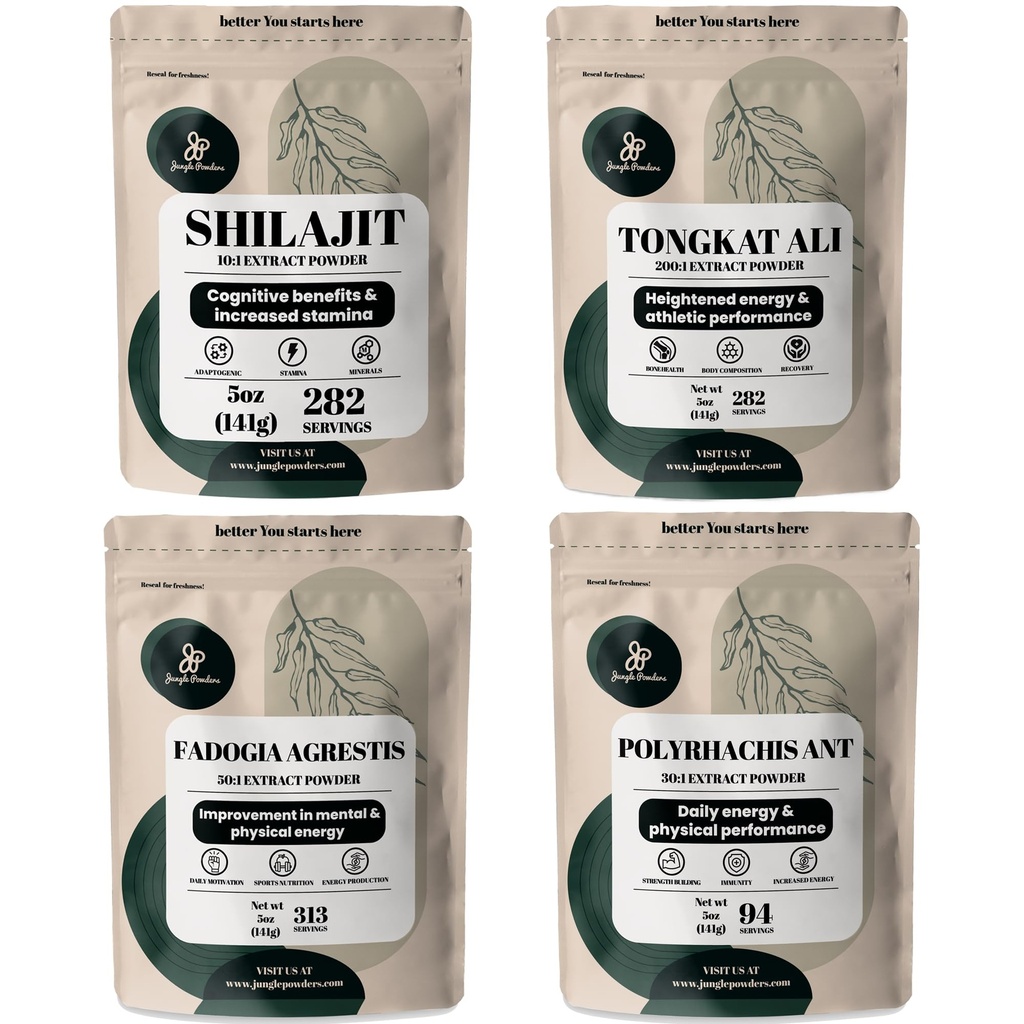 Jungle Powders Herbal Powders Bundle - Shilajit Powder, Tongkat Ali for Men Powder, Black Ant Extract Powder, Fadogia Agrestis Extract for Men Supplement