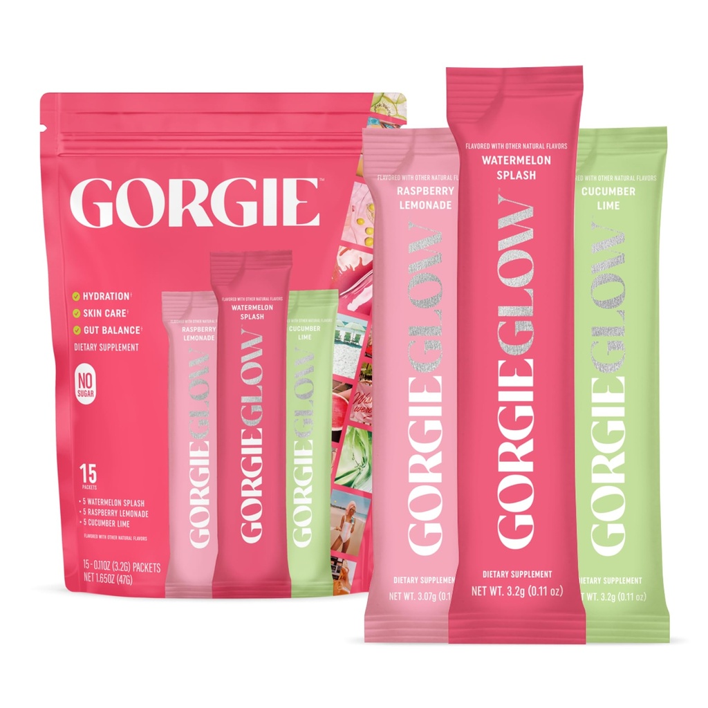 GORGIE Glow Hydration Packets, Sugar-Free Electrolyte Powder Sticks, Hyaluronic Acid, Probiotics, Aquamin, Vitamins C, D Daily Hydration, Skin and Gut Support, Caffeine Free - Variety Pack 15 Sticks