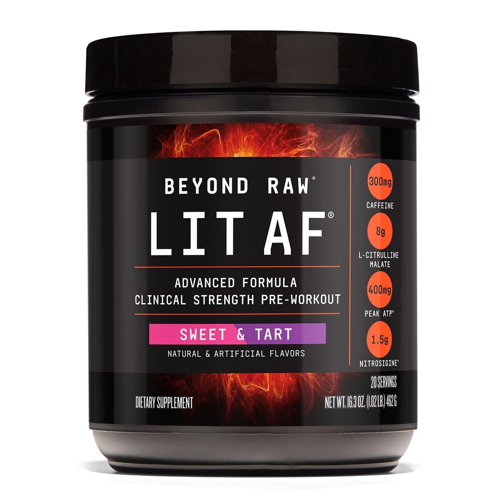 BEYOND RAW LIT Advanced Pre Workout Formula, Sweet and Tart, for Energy, Focus, Endurance, Pumps, with 300mg Rapid and Targeted Release Caffeine, Creatine, Betaine, Beta Alanine, Taurine, 20 Servings