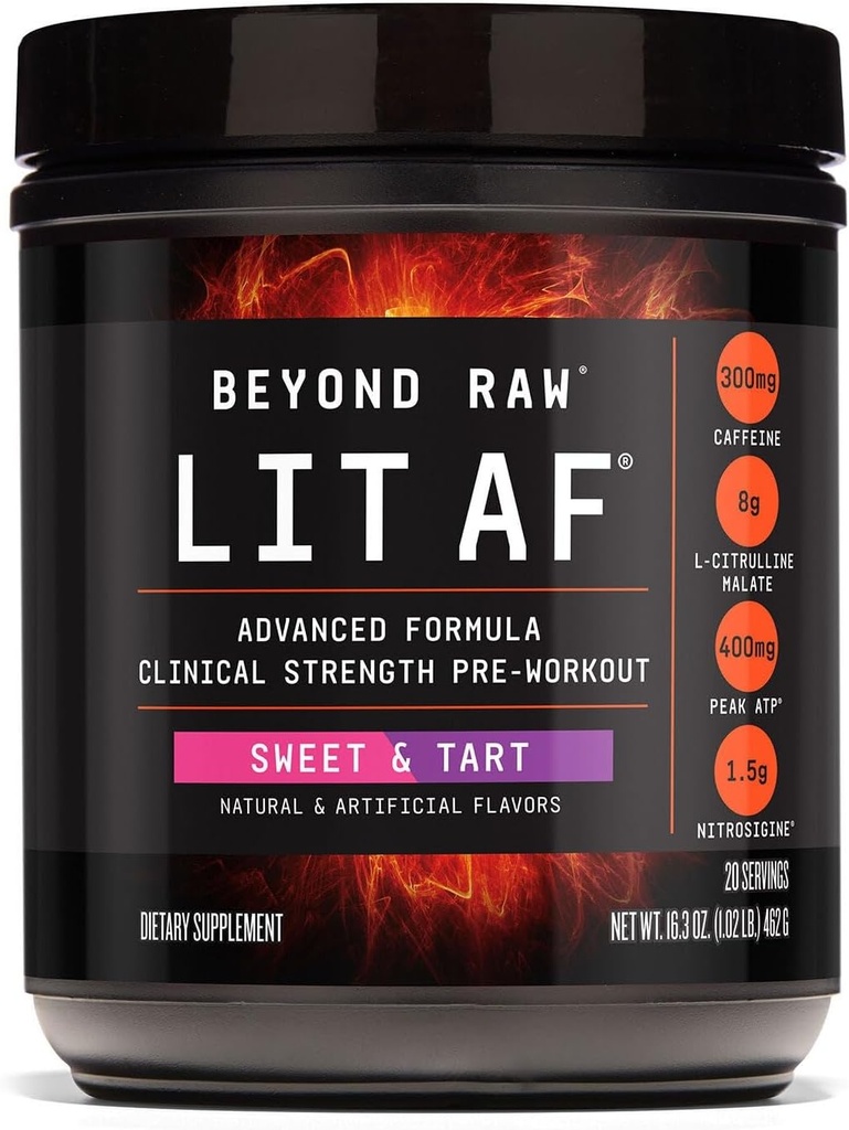 BEYOND RAW LIT Advanced Pre Workout Formula, Sweet un Tart, enerģijai, Focus, izturība, sūkņi, ar 300mg Rapid un mērķtiecīgs Release kofeīns, kreatīns, Betaine, Beta Alanine, Taurine, 20 Kalpojumi