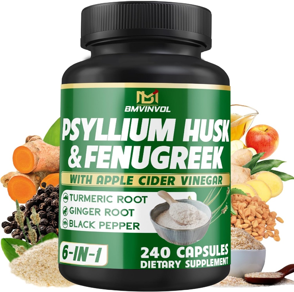 BMVINVOL Psyllium Husk Fiber supplement with Fenugreek, Apple Cider Vinegar, Turmeric, Ginger, Black Pepper- Digestion Health Support - 240 Capsules