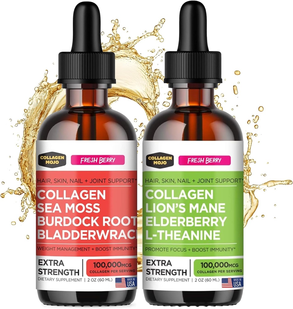 Collagen Mojo Liquid Collagen Peptides med Sea Moss, Burdock Root & Bladderwrack + Liquid Collagen Peptides med Lions Mane Mushroom, Elderberry & L-Theanine