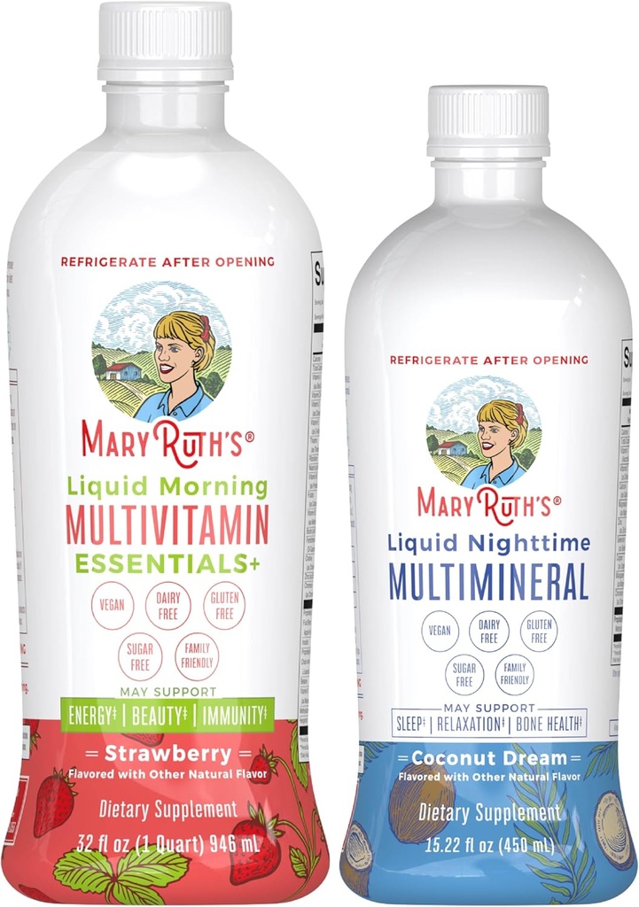 MaryRuth's Liquid Morning Multivitamin (Strawberry) & Liquid Nighttime Multimineral (Coconut, 15oz) | Clean Label Project Verified® | Vegan Vitamins for Energy, Bedtime Routine, & Overall Health