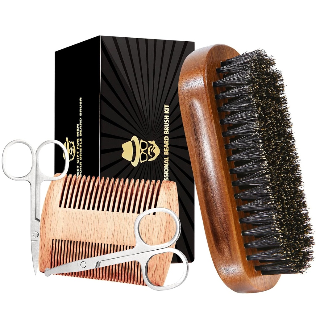 Beard Brush for Men, Boar Bristle Black Walnut Wood Beards and Mustaches Grooming Set Including Pure Boar Bristle Beard Brush, Beard Comb, Mustache Scissors, and Travel Bag