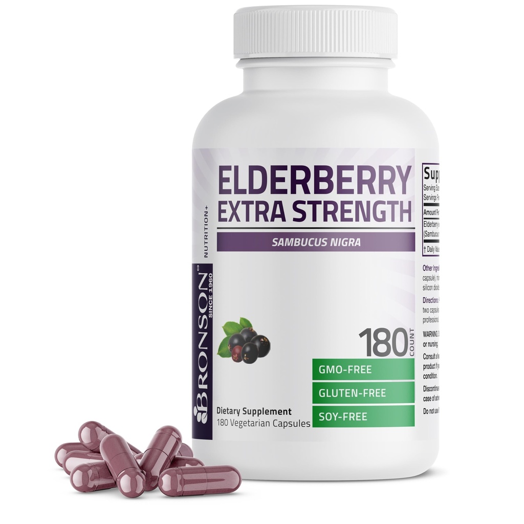 Bronson Elderberry Extra Strength, Supports Healthy Immune System & Antioxidant Protection, Non GMO, 180 Vegetarian Capsules