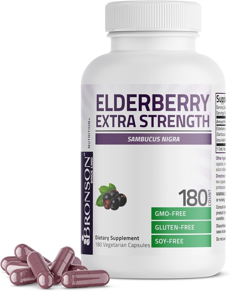 Bronson Elderberry Extra Strength, stöder hälsosamt immunsystem och antioxidantskydd, icke GMO, 180 vegetariska kapslar