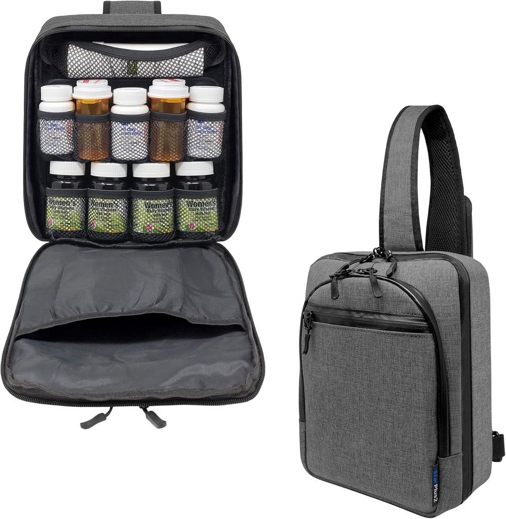 Cross-Body Hands-Free Modular Pill Organizator, Medicine Bag, Case, Carrier pentru medicamente, Vitamine, și consumabile medicale - Heather Gray (fără blocare)