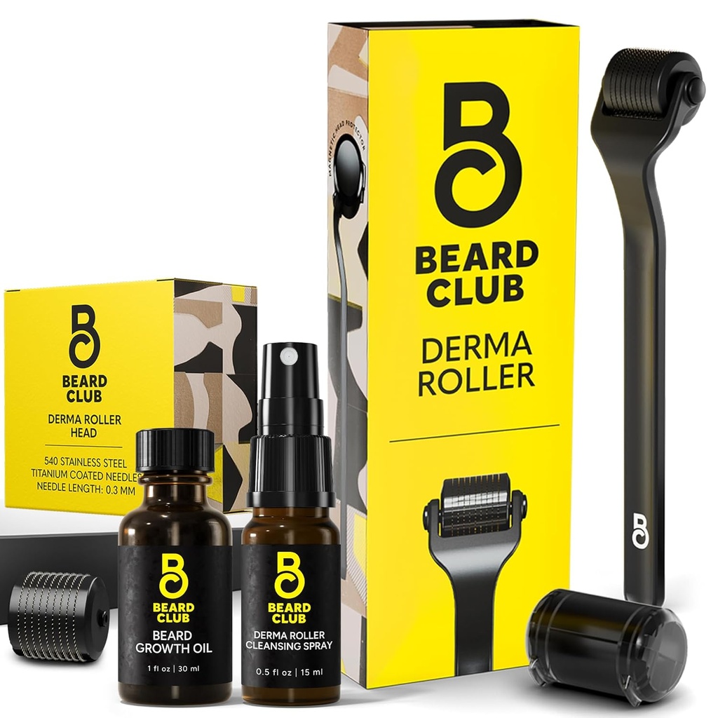 The Beard Club Derma Roller, Beard Growth Oil, Censing Spray & Replace head - Microneding Roller с 540 Titanium Micronedels for Face, Body and Scalp - Beard Roller with Sandalwood Beard Oil